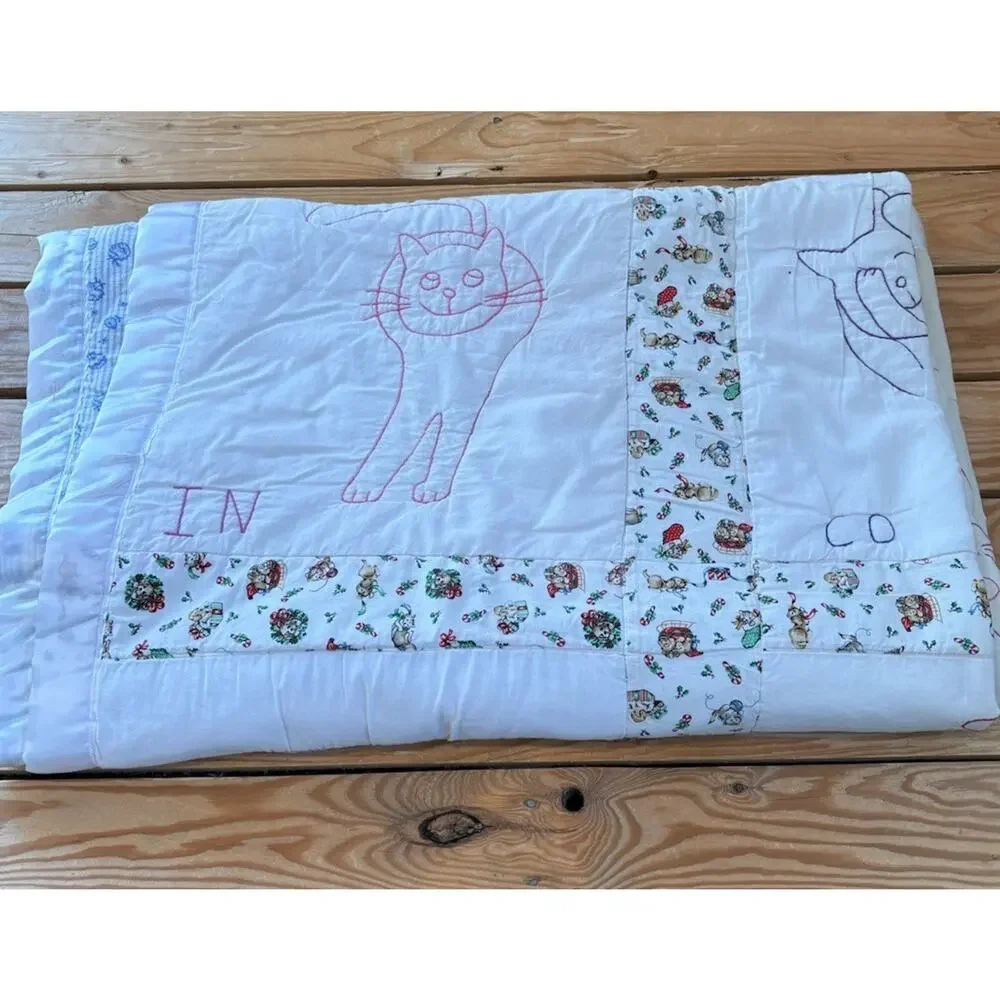 Vintage Handmade Embroidered Cat Quilt Size 64x50 White H2